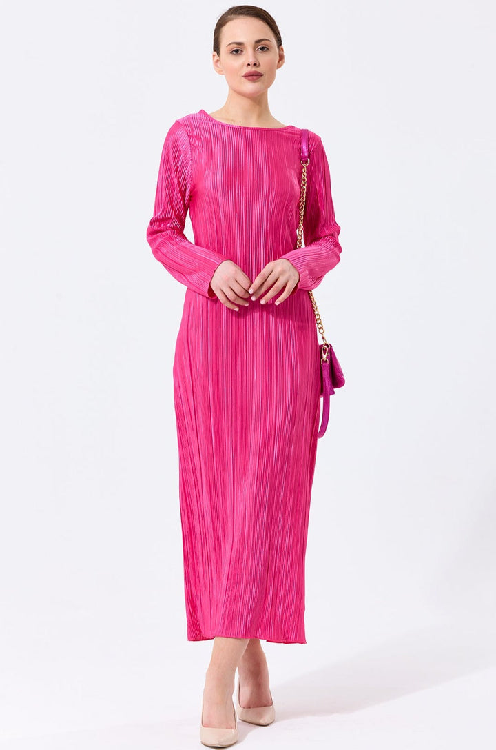 Long Sleeve Shift Pleated Maxi Dress in Fuchsia - jqwholesale.com