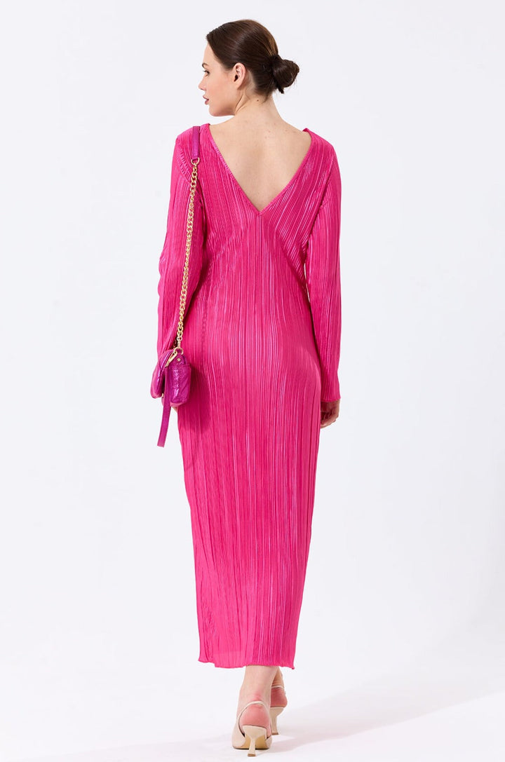 Long Sleeve Shift Pleated Maxi Dress in Fuchsia - jqwholesale.com