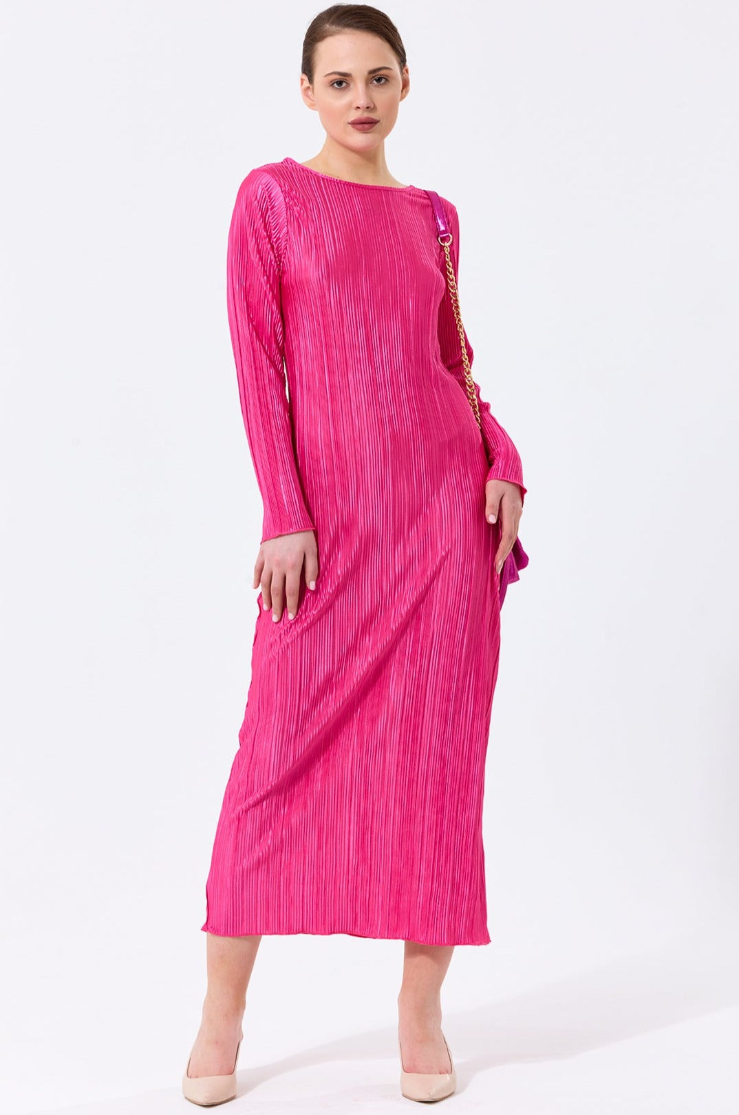 Long Sleeve Shift Pleated Maxi Dress in Fuchsia - jqwholesale.com