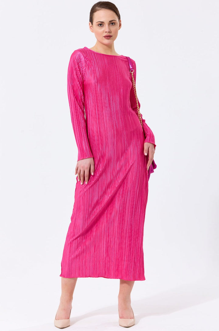 Long Sleeve Shift Pleated Maxi Dress in Fuchsia - jqwholesale.com