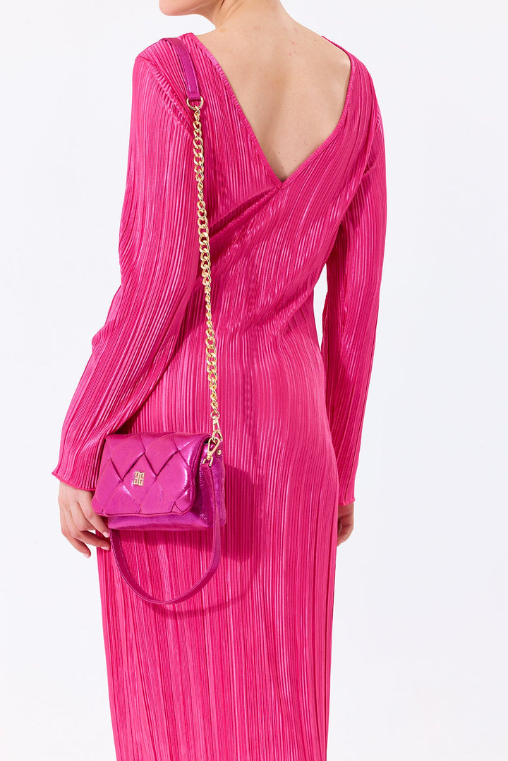 Long Sleeve Shift Pleated Maxi Dress in Fuchsia - jqwholesale.com