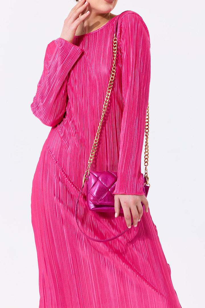 Long Sleeve Shift Pleated Maxi Dress in Fuchsia - jqwholesale.com