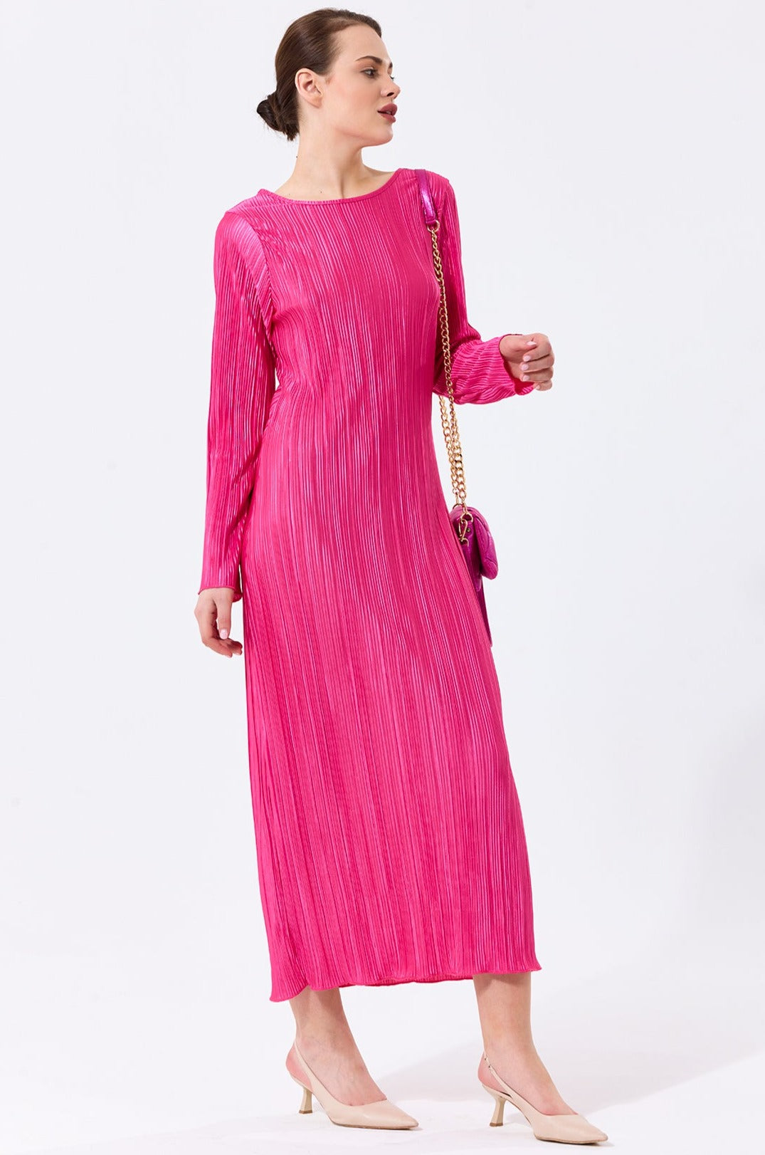 Long Sleeve Shift Pleated Maxi Dress in Fuchsia - jqwholesale.com