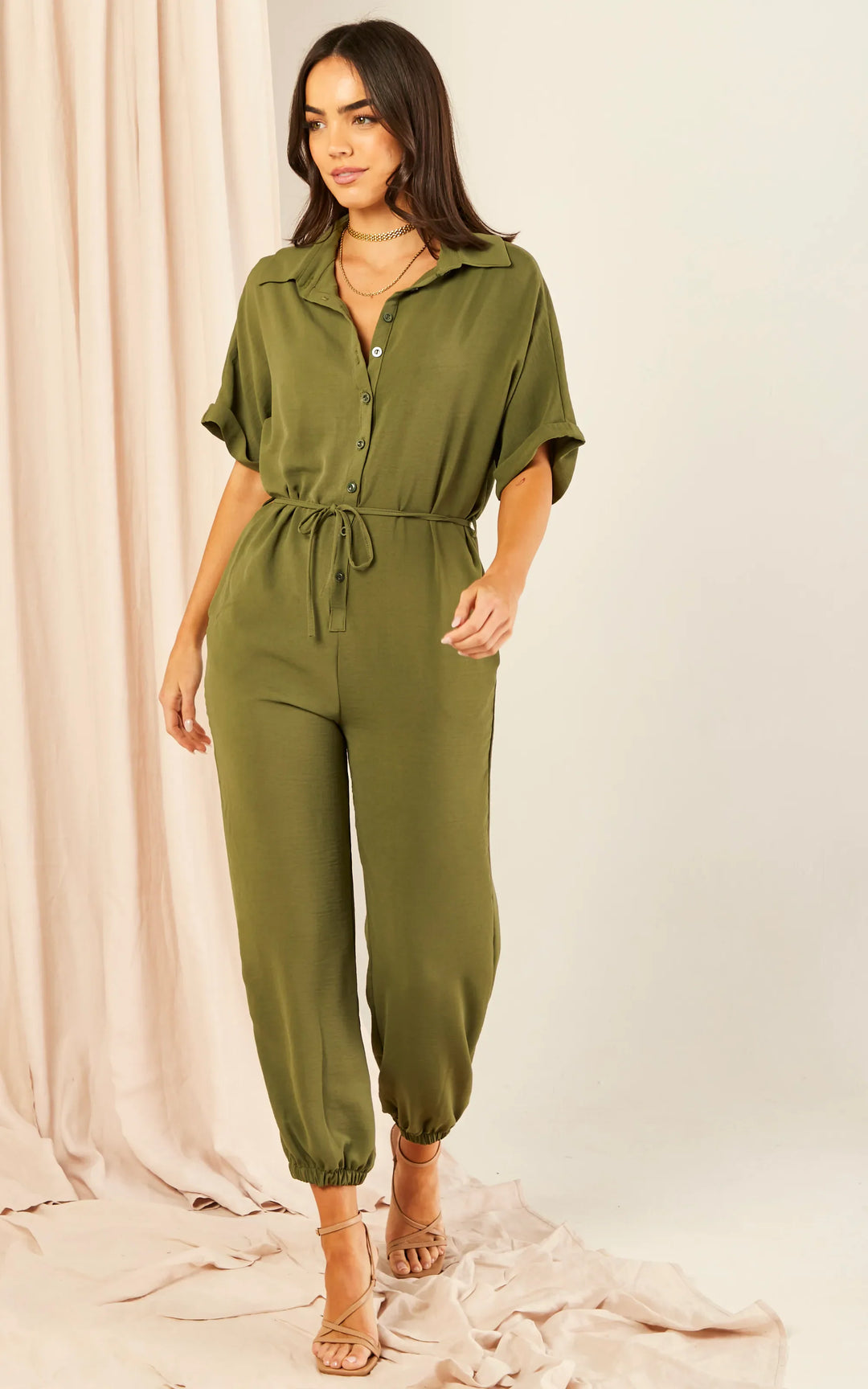 Shirt Jumpsuit in Khaki - jqwholesale.com