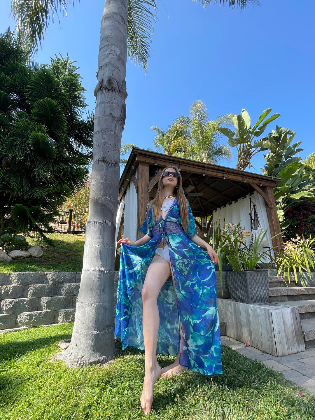 Summer Maxi Tunic / Kaftan with Dantelo Waist in Blue - jqwholesale.com