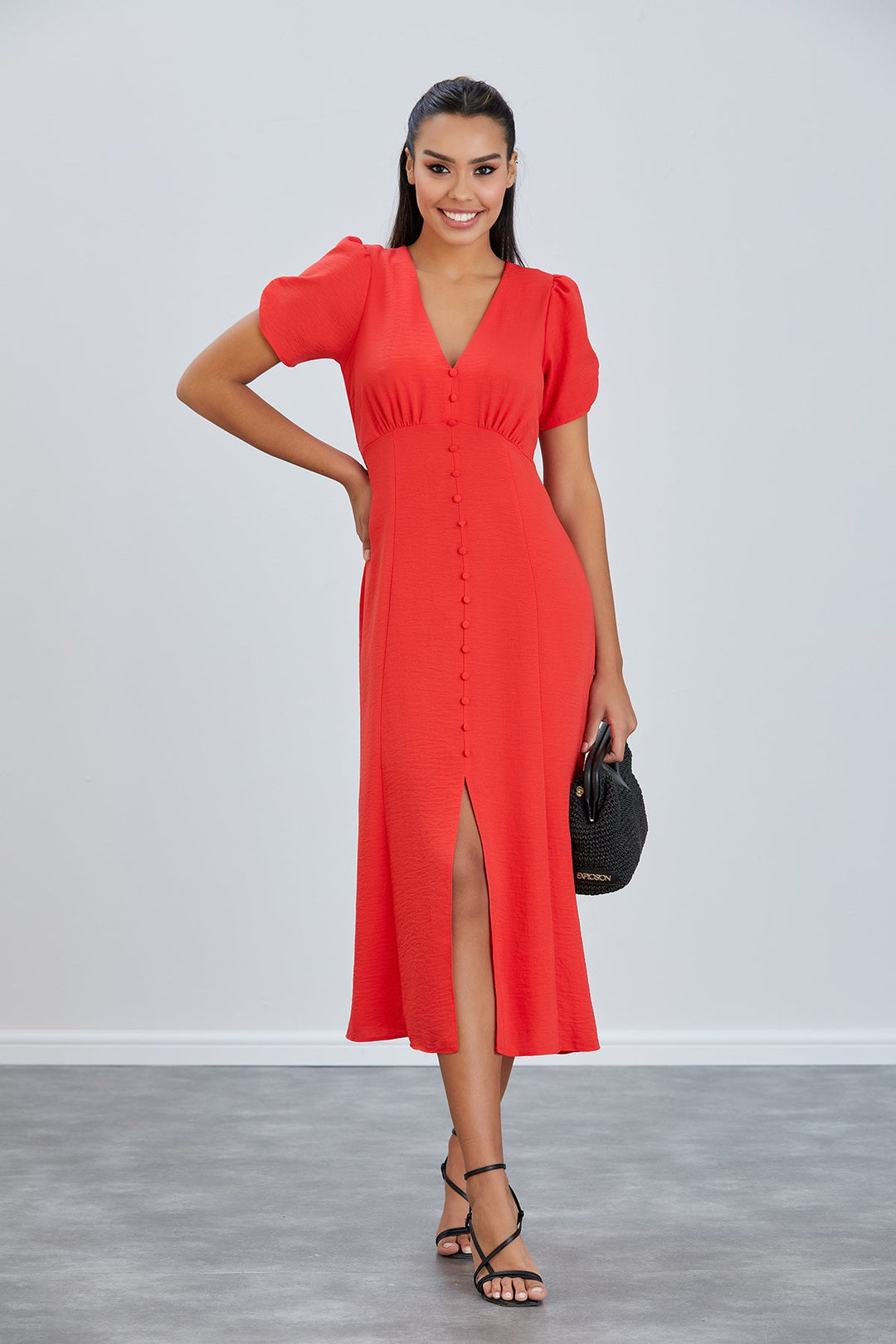 Linen Style Buttoned Shirt Midi Dress in Coral - jqwholesale.com