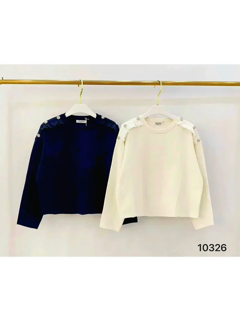 Crystal Embellished Crew Neck Jumper (2p.pack) - jqwholesale.com