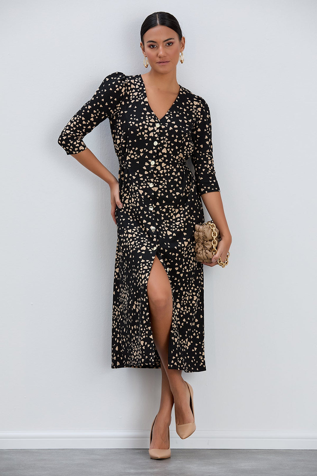 Shirt Midi Dress with Elasticated waist in Black print - jqwholesale.com