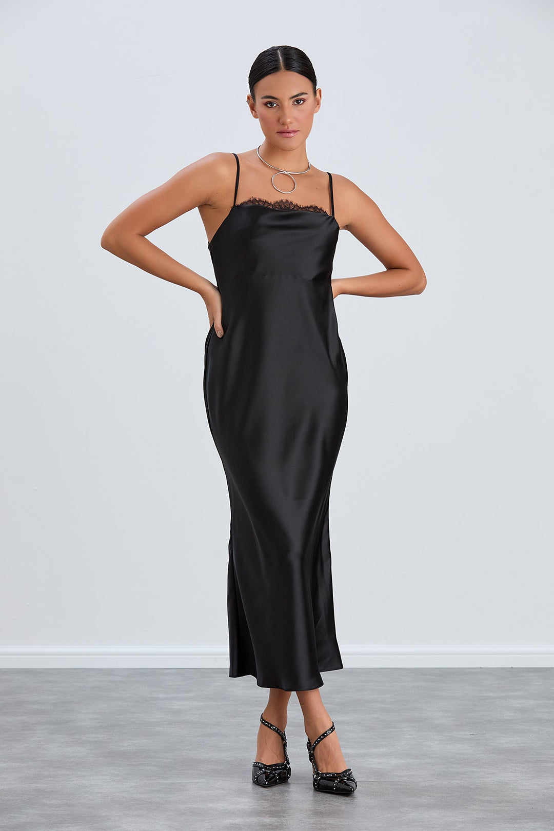 Satin Cami Midaxi Slip Dress with Lace in Black - jqwholesale.com