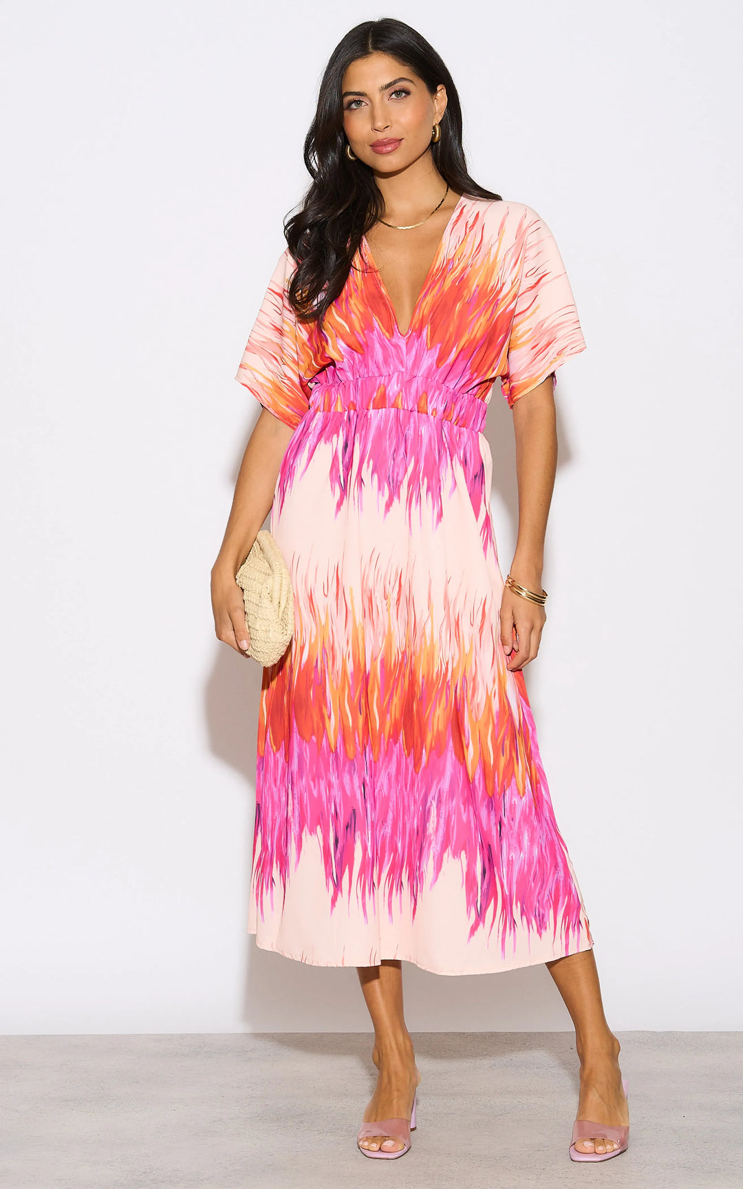 Elasticated Midi Dress in Abstract Pink print - jqwholesale.com