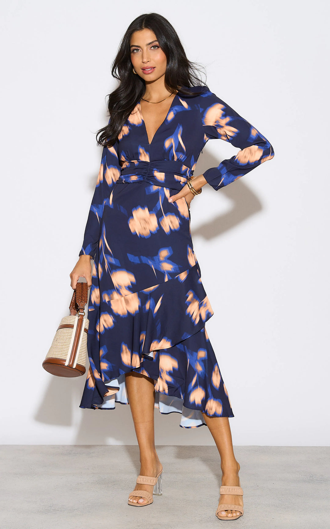 Long Sleeve Frill Midi Dress in Navy with Orange Floral Print - jqwholesale.com