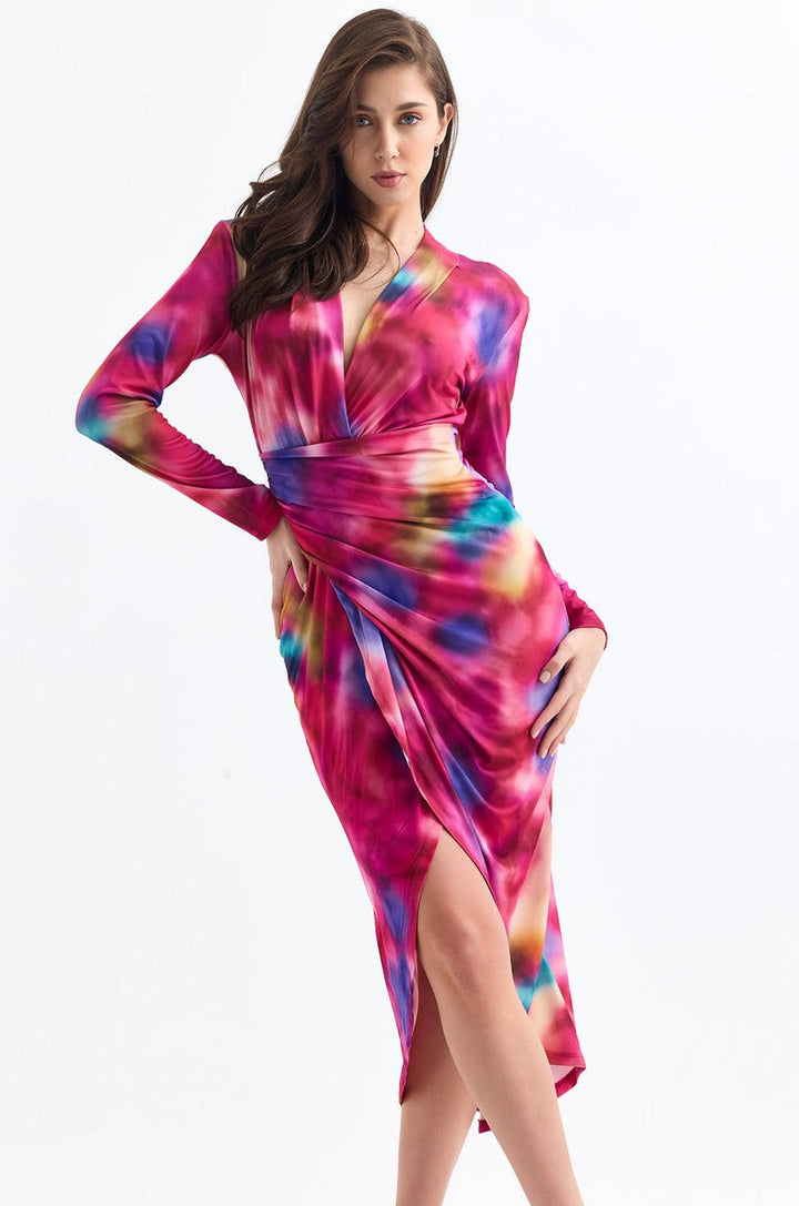 Forever Long Sleeve Wrap Midi Dress in Catch Pink