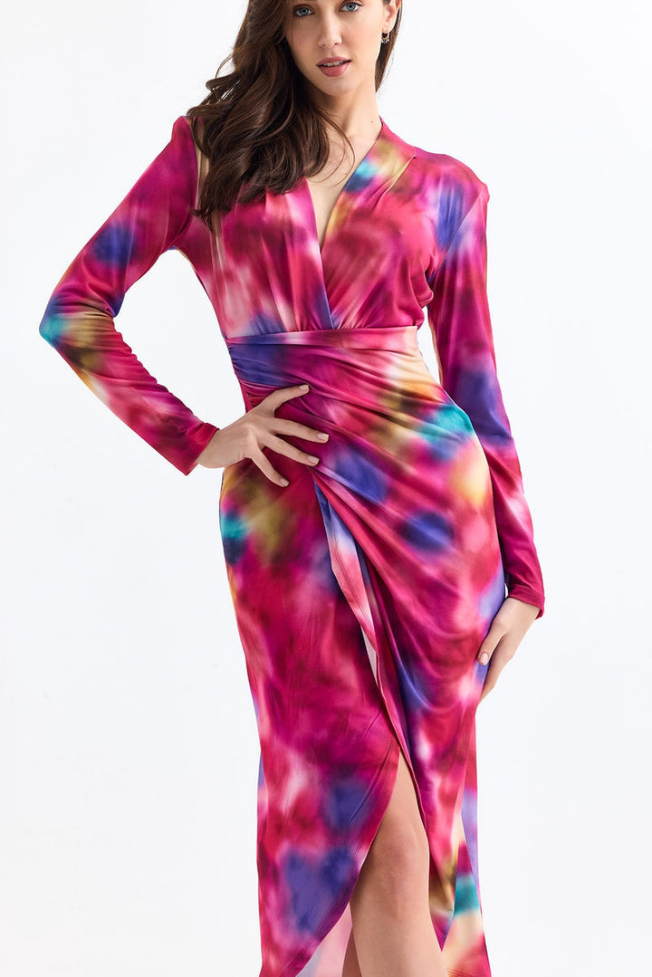 Forever Long Sleeve Wrap Midi Dress in Catch Pink