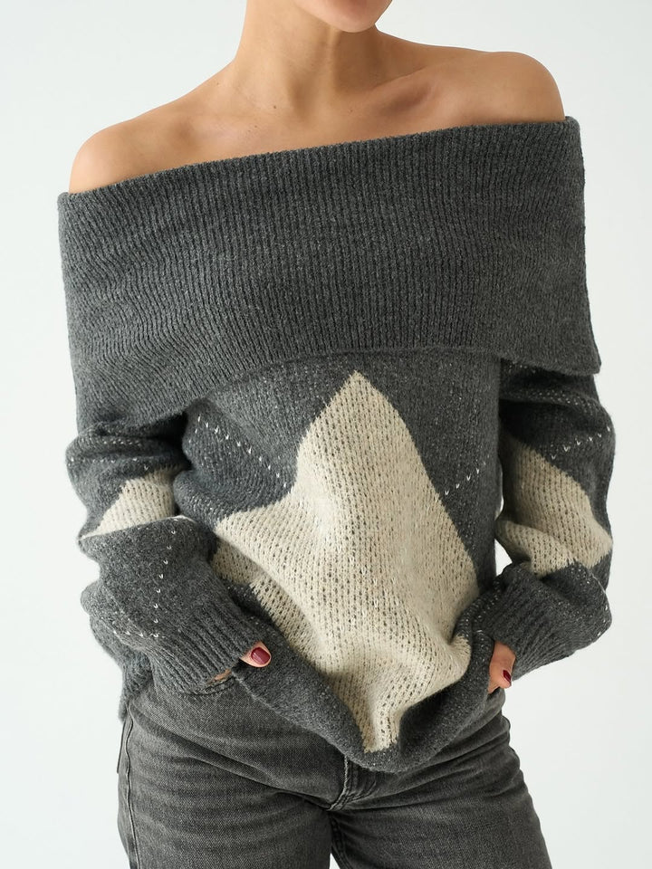 Off-Shoulder Argyle Knit Jumper in Antrasit