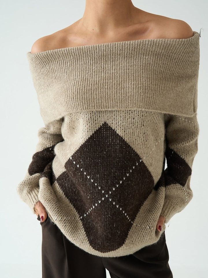 Off-Shoulder Argyle Knit Jumper in Beige