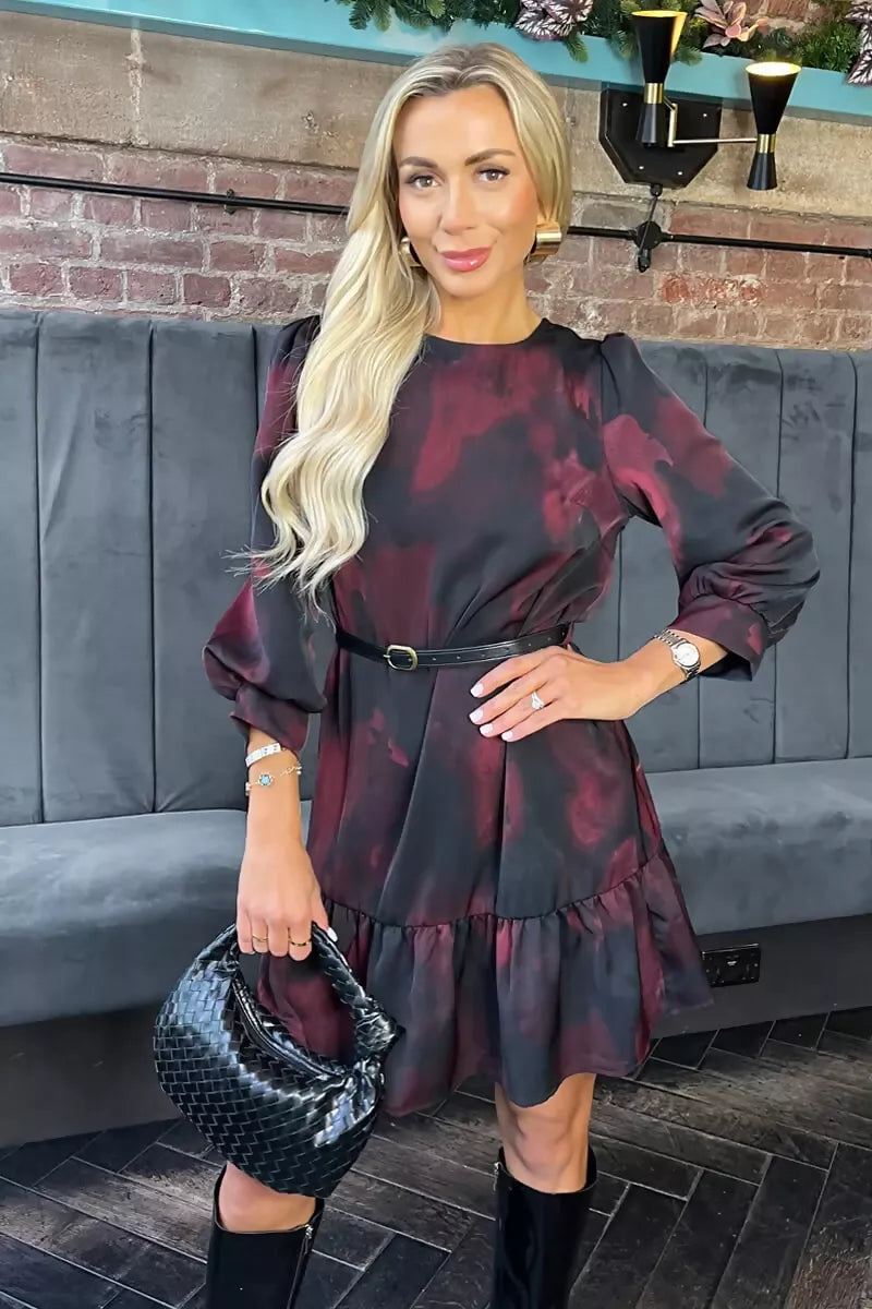 1752848501_Plum-And-Black-Smudge-Print-Frill-Hem-Belted-Mini-Dress-1_800x