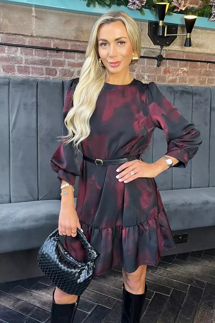 1752848501_Plum-And-Black-Smudge-Print-Frill-Hem-Belted-Mini-Dress-1_800x