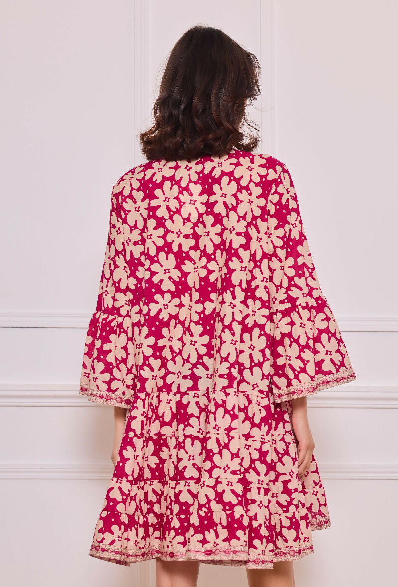 Short A-line dress in printed cotton- Fuchsia