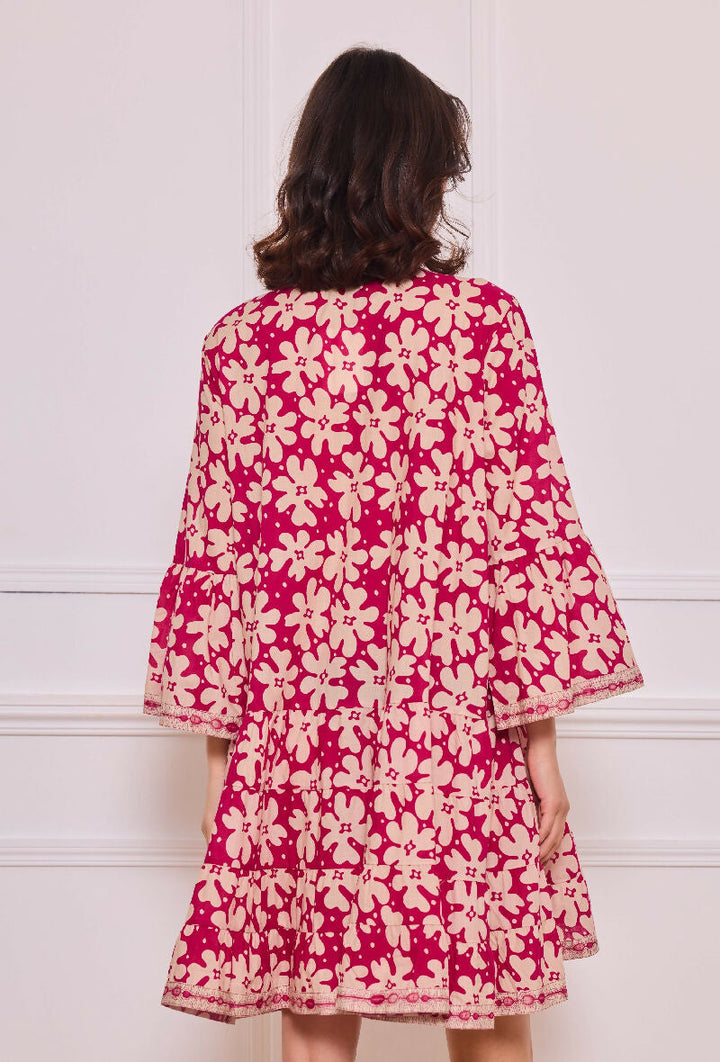 Short A-line dress in printed cotton- Fuchsia