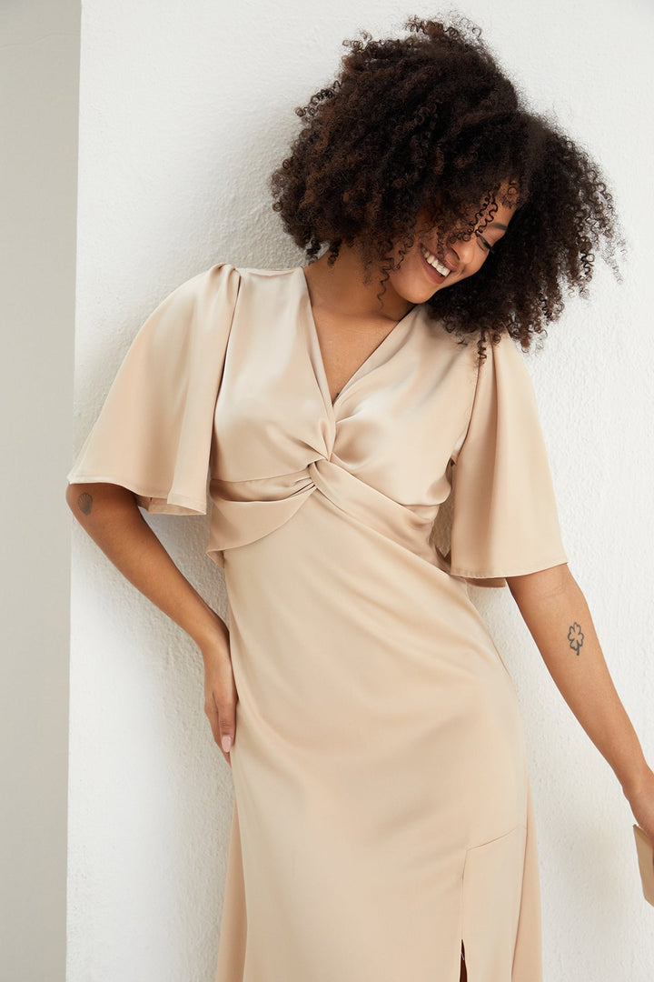 Angel Sleeve Satin Twist Maxi Dress - jqwholesale.com