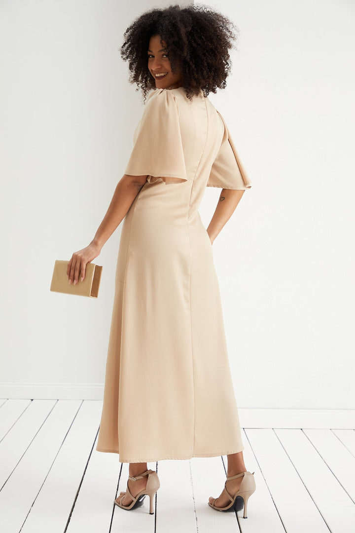 Angel Sleeve Satin Twist Maxi Dress - jqwholesale.com