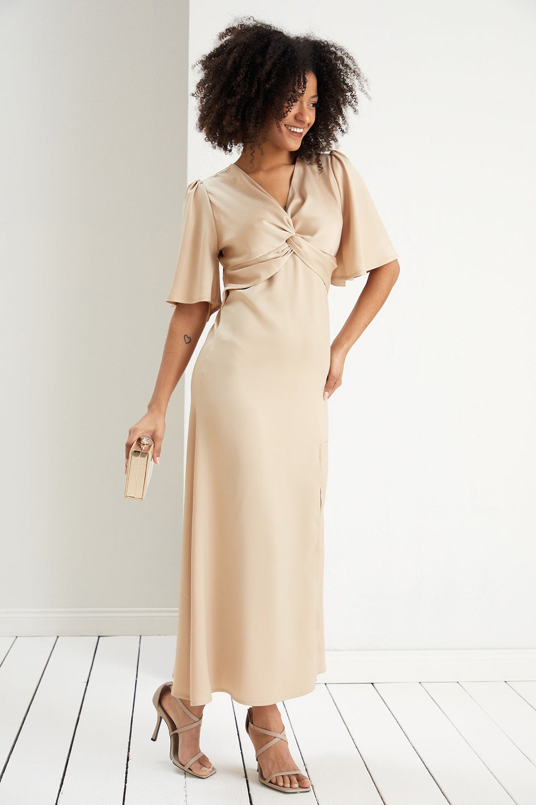 Angel Sleeve Satin Twist Maxi Dress - jqwholesale.com