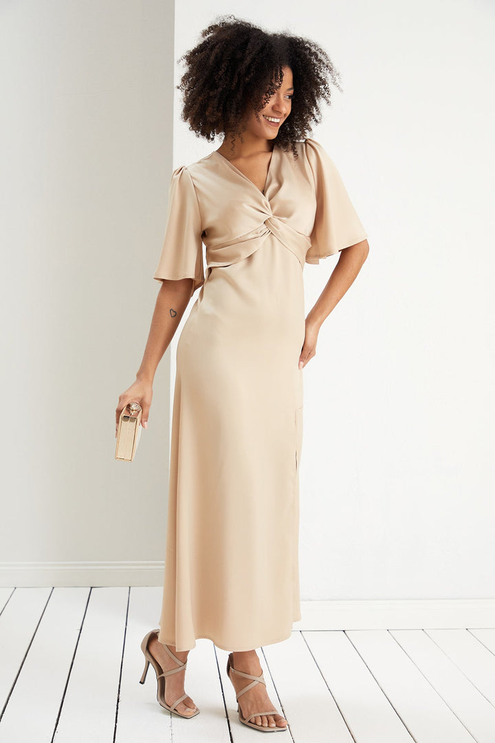 Angel Sleeve Satin Twist Maxi Dress - jqwholesale.com