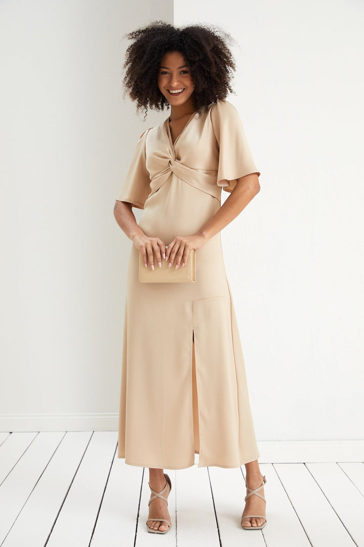 Angel Sleeve Satin Twist Maxi Dress - jqwholesale.com