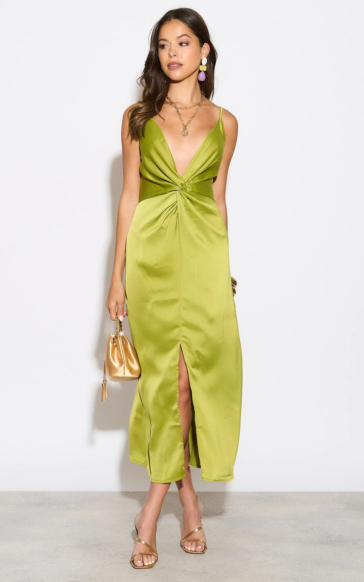 Twist Satin Slip Cami Midi Dress in Green - jqwholesale.com