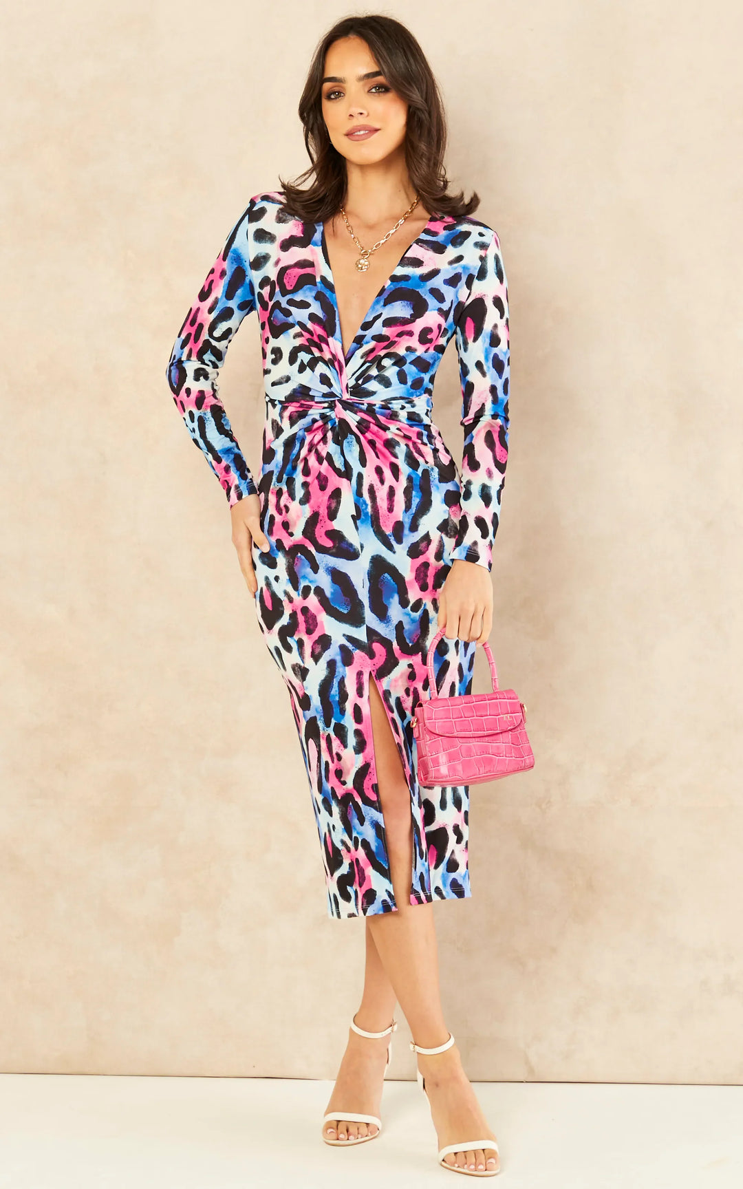 Long Sleeve Twist Midi dress in Leopard print - jqwholesale.com