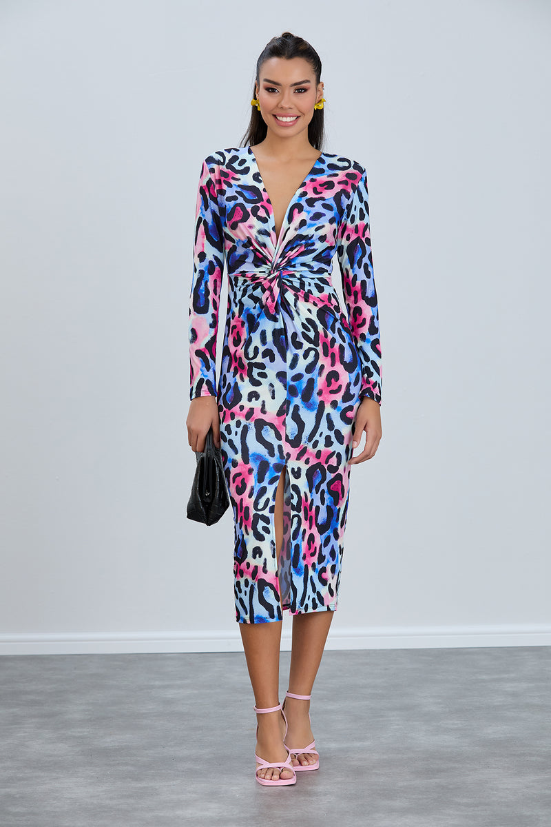 Leopard Print Twist Midi Dress with Long Sleeves - jqwholesale.com