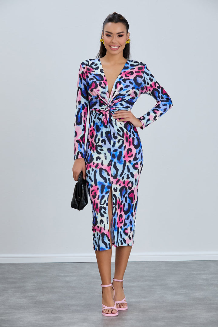 Long Sleeve Twist Midi dress in Leopard print - jqwholesale.com