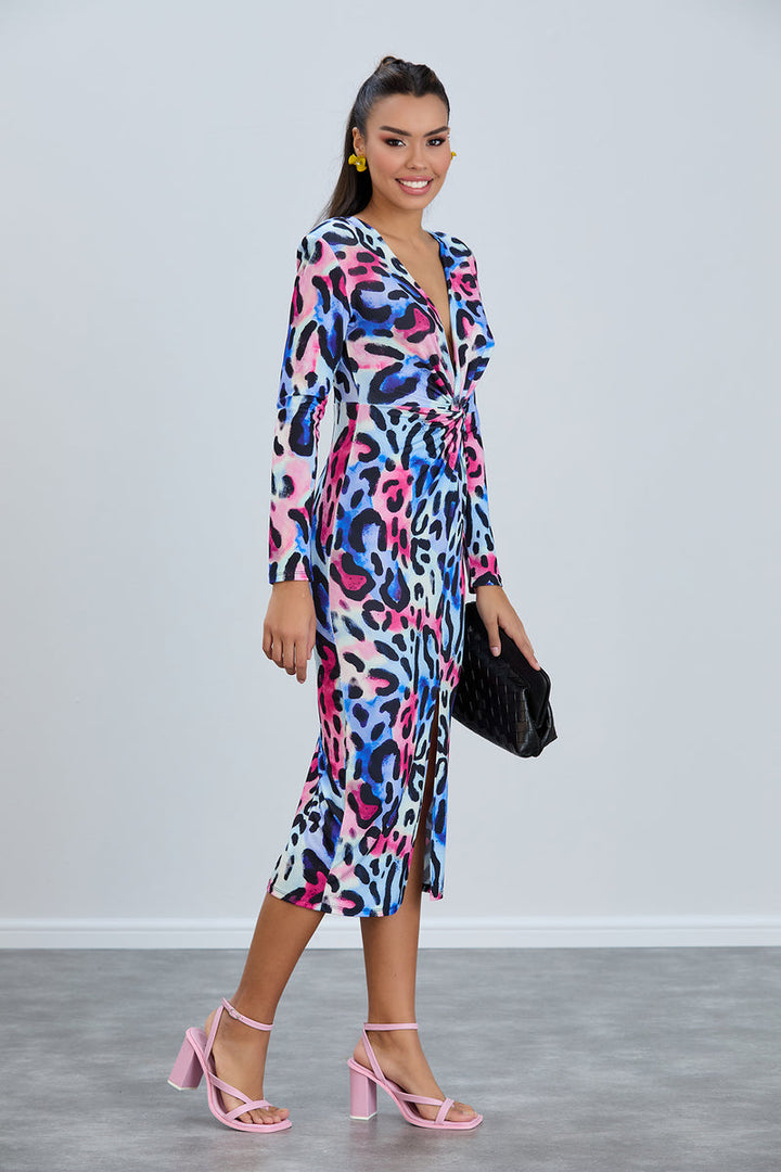 Leopard Print Twist Midi Dress with Long Sleeves - jqwholesale.com
