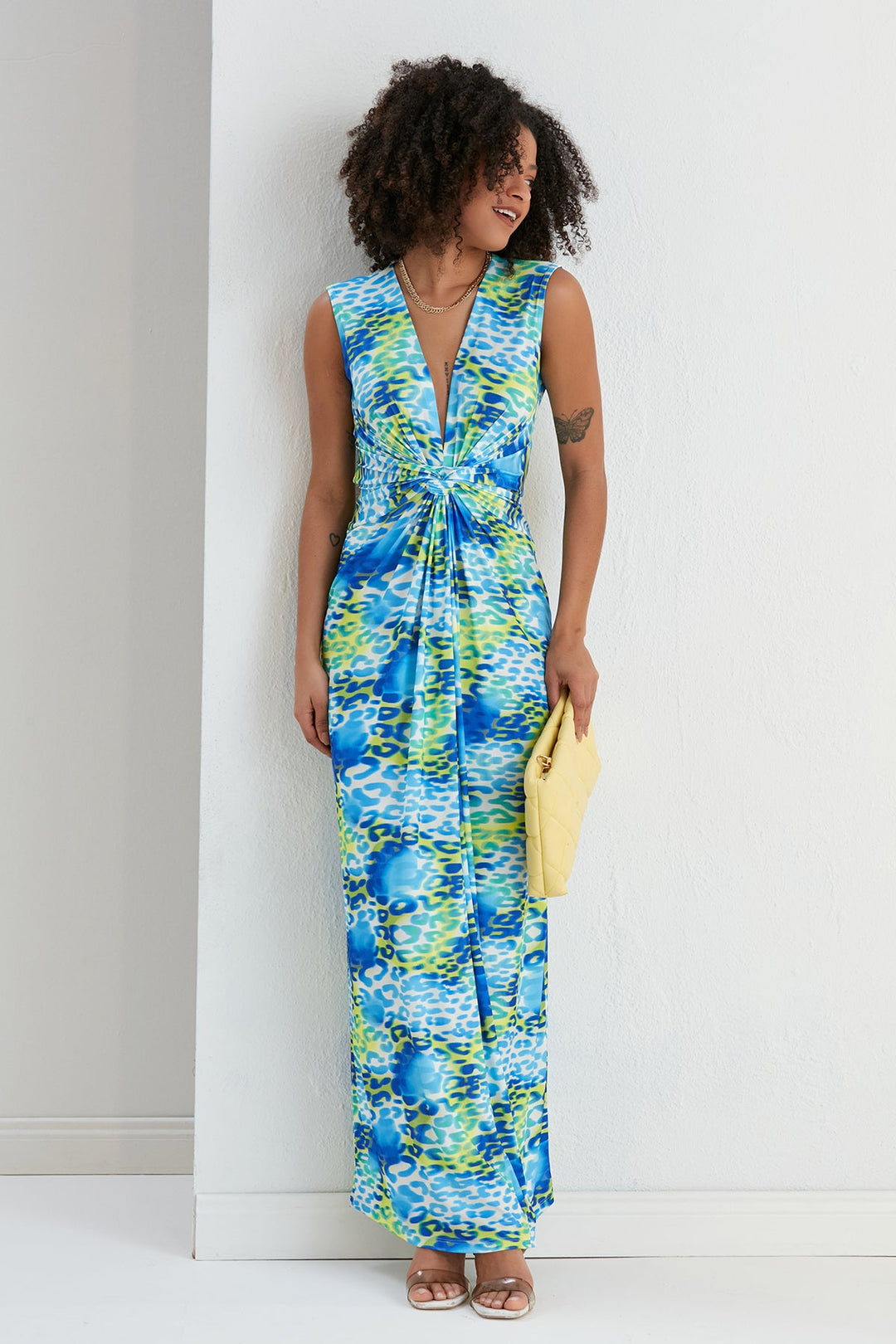 Sleeveless Twist Wrap Maxi Dress in Blue Leopard print - jqwholesale.com