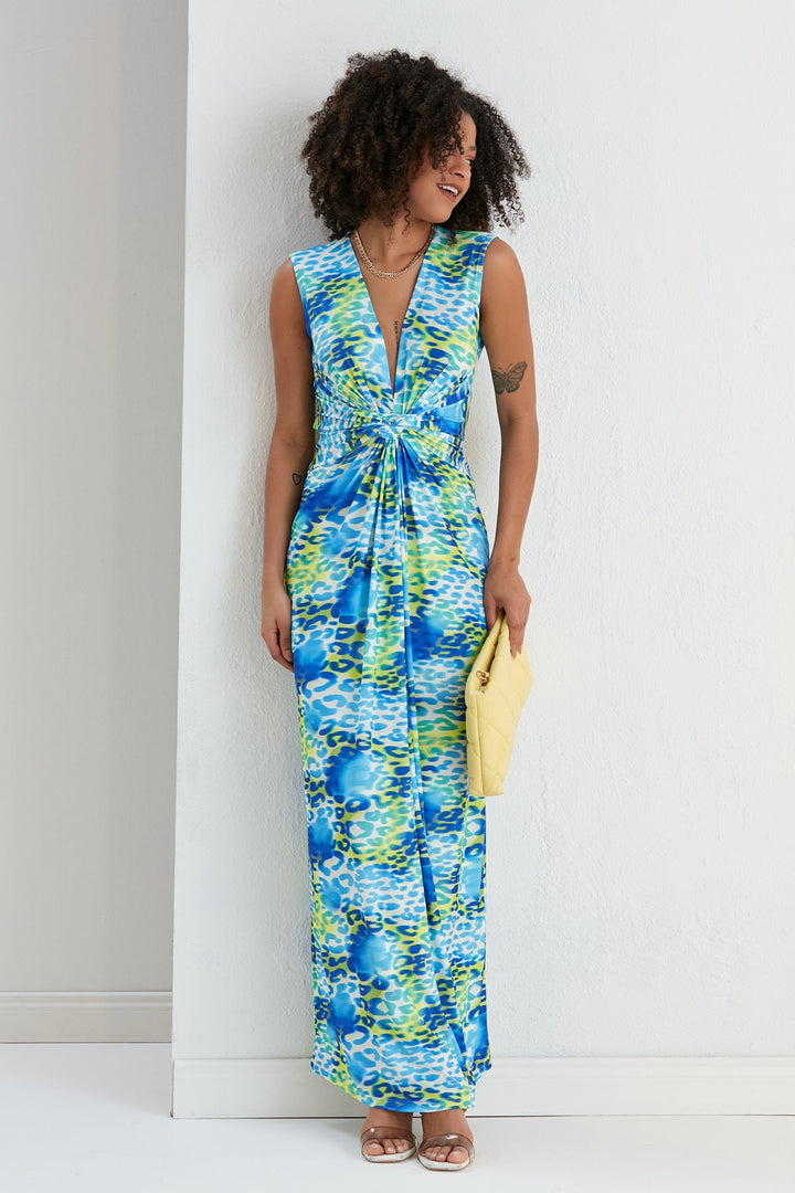 Sleeveless Twist Wrap Maxi Dress in Blue Leopard print - jqwholesale.com