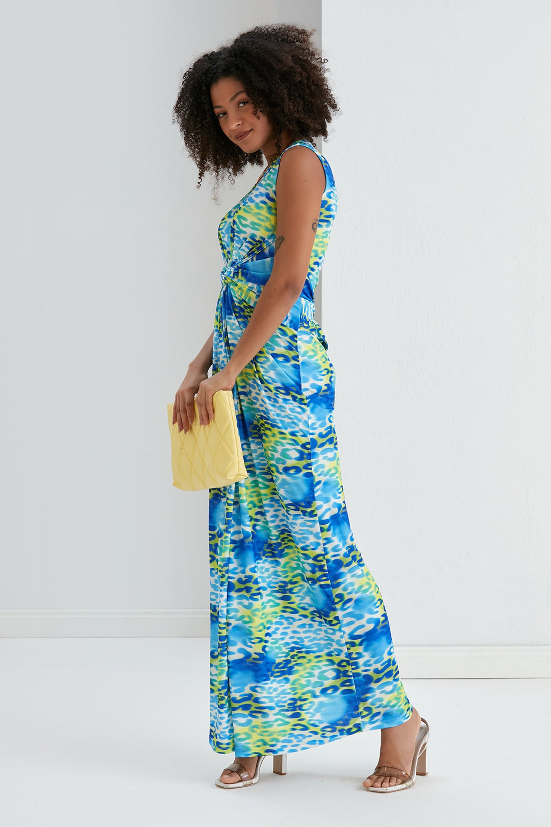 Sleeveless Twist Wrap Maxi Dress in Blue Leopard print - jqwholesale.com