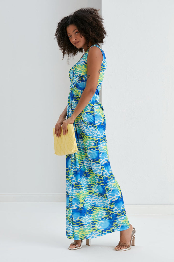 Sleeveless Twist Wrap Maxi Dress in Blue Leopard print - jqwholesale.com