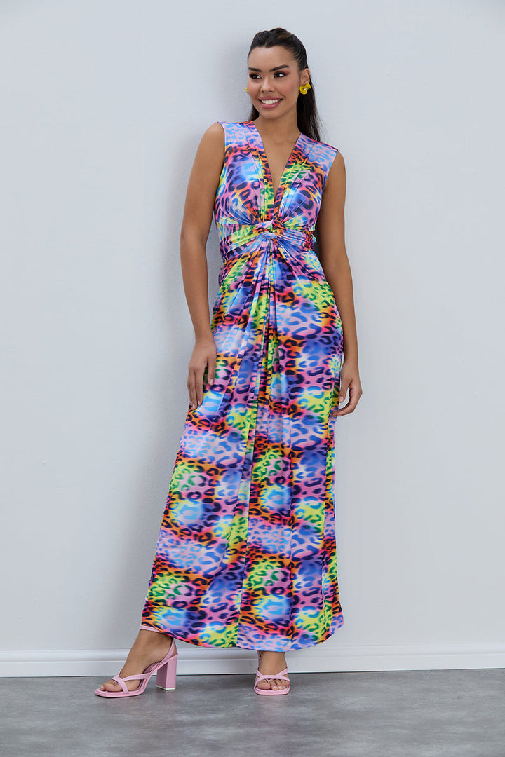 Ella Leopard Twist Maxi Dress in Multicolour