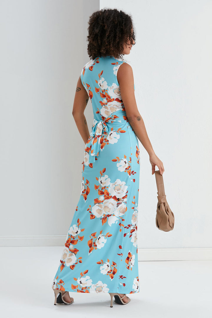 Sleeveless Twist Wrap Maxi Dress in Blue Floral print - jqwholesale.com