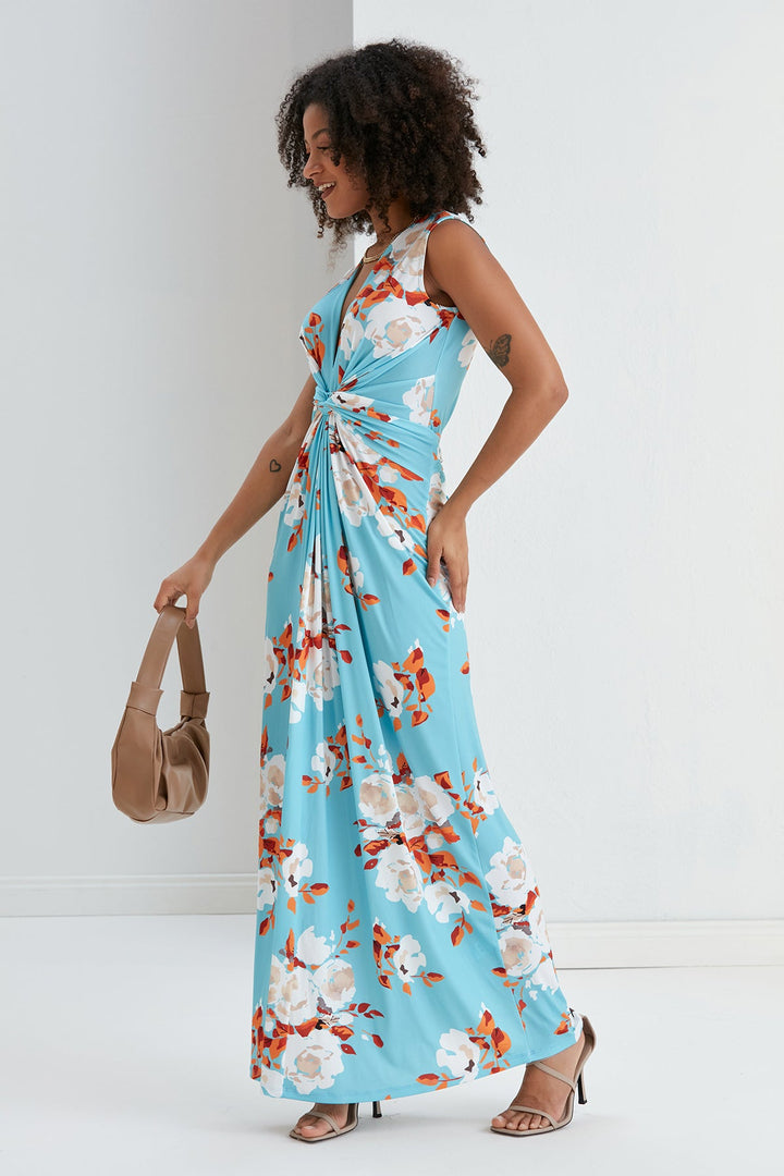 Sleeveless Twist Wrap Maxi Dress in Blue Floral print - jqwholesale.com