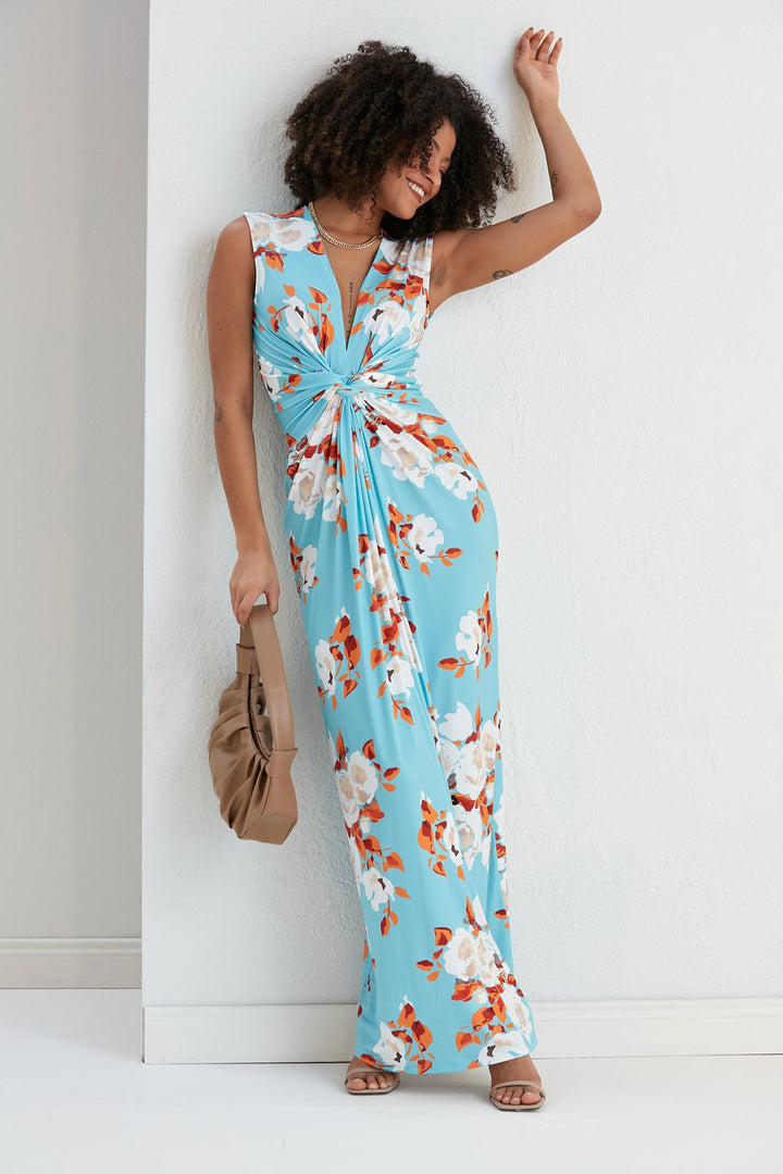 Sleeveless Twist Wrap Maxi Dress in Blue Floral print - jqwholesale.com