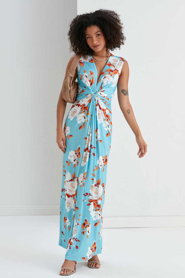 Sleeveless Twist Wrap Maxi Dress in Blue Floral print - jqwholesale.com