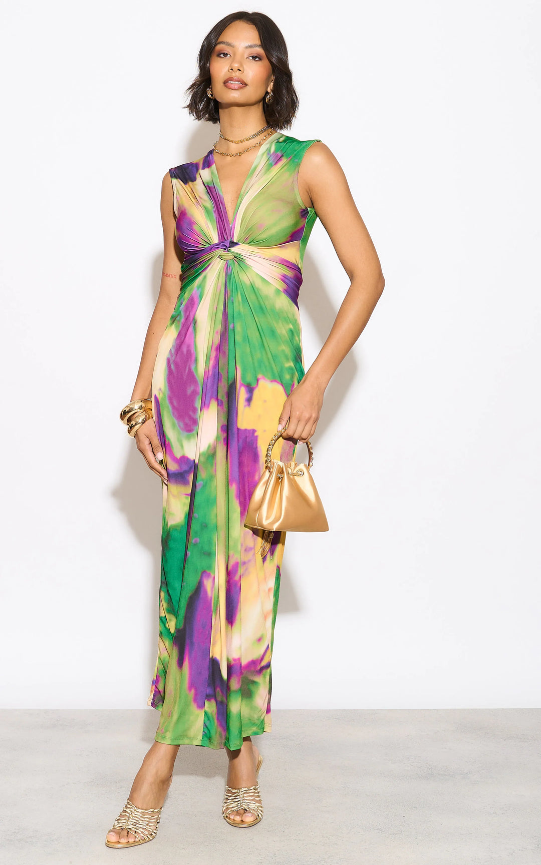 Sleeveless Twist Wrap Maxi Dress in Green tie dye print - jqwholesale.com