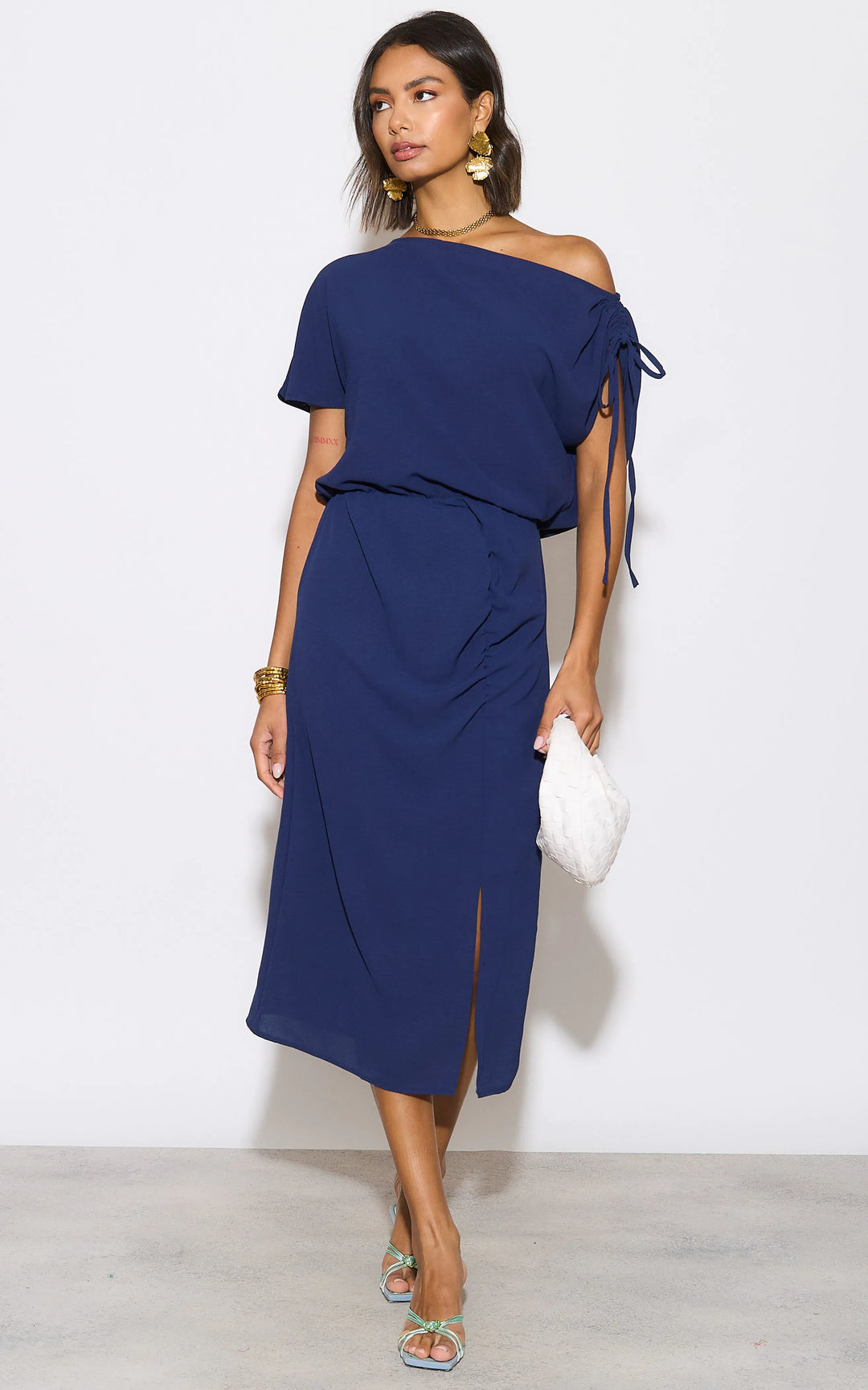 Off Shoulder Drape Midi Dress in Navy - jqwholesale.com