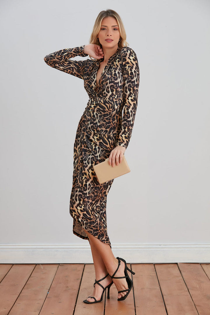 Eternal Charm Wrap Midi Dress in Exclusive Animal Leopard Print - jqwholesale.com