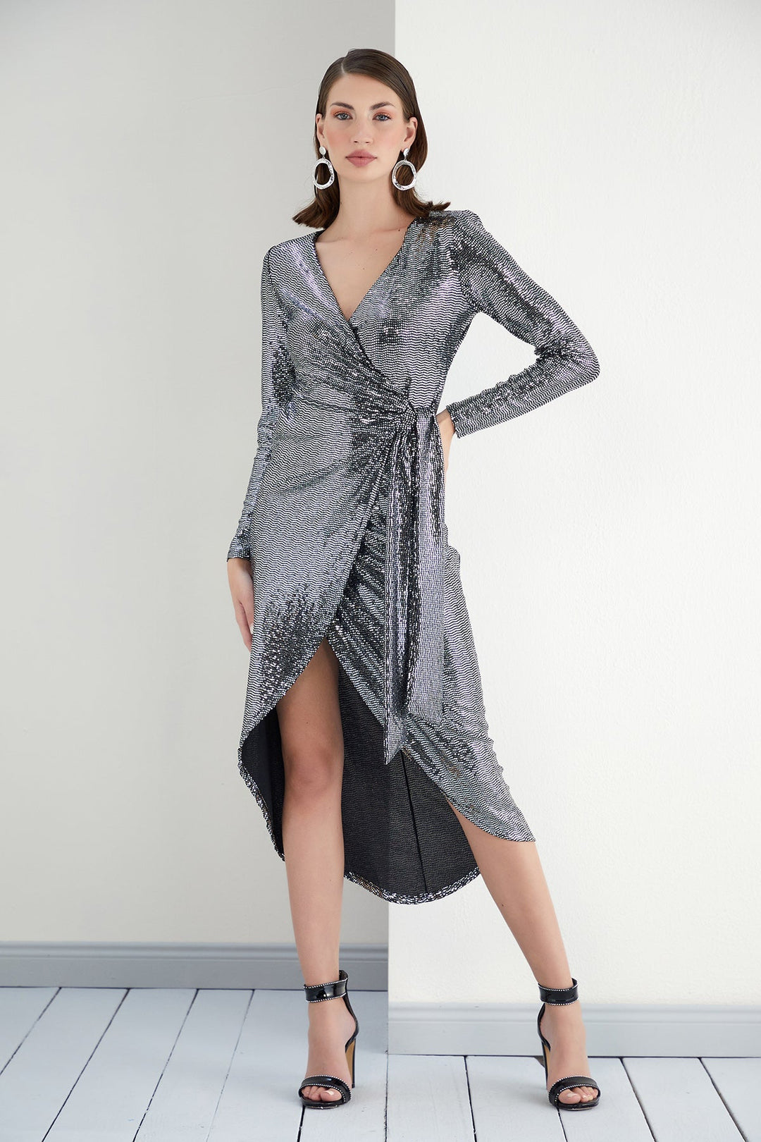 Silver Sequin Elegance Wrap Dress - jqwholesale.com