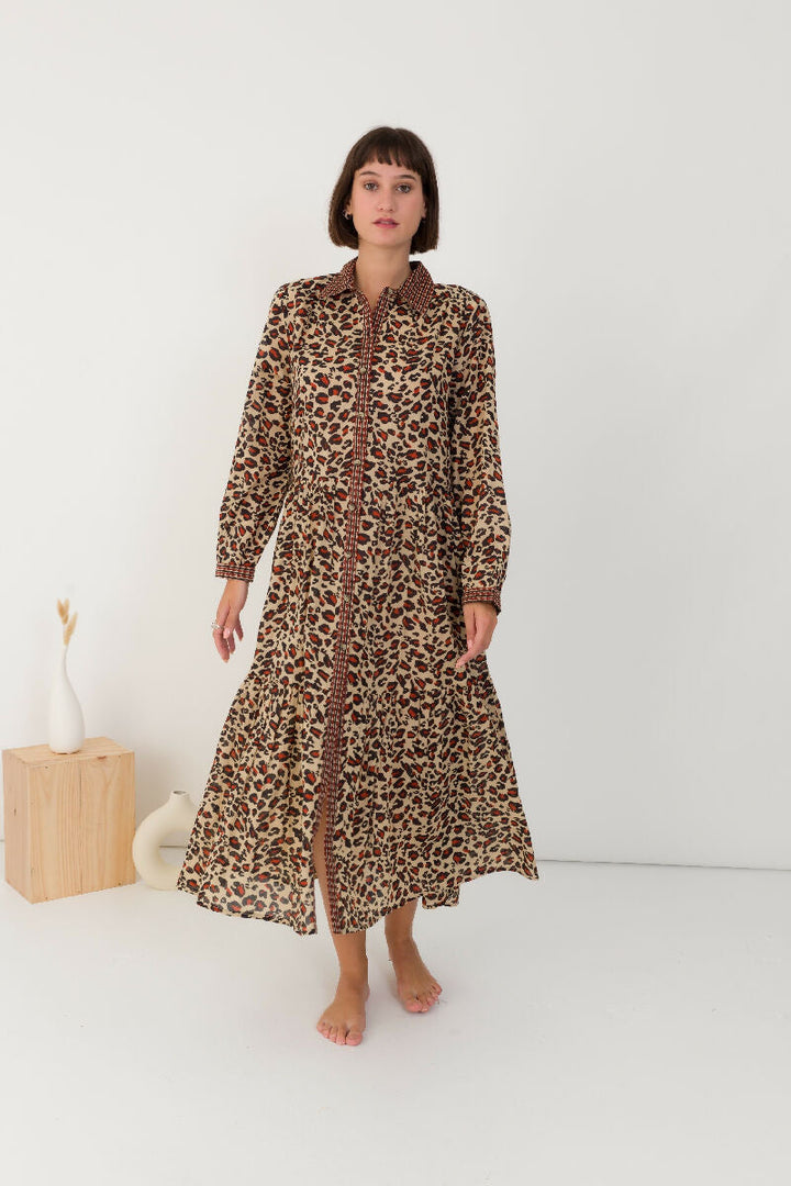 Cotton shirt dress with leopard print