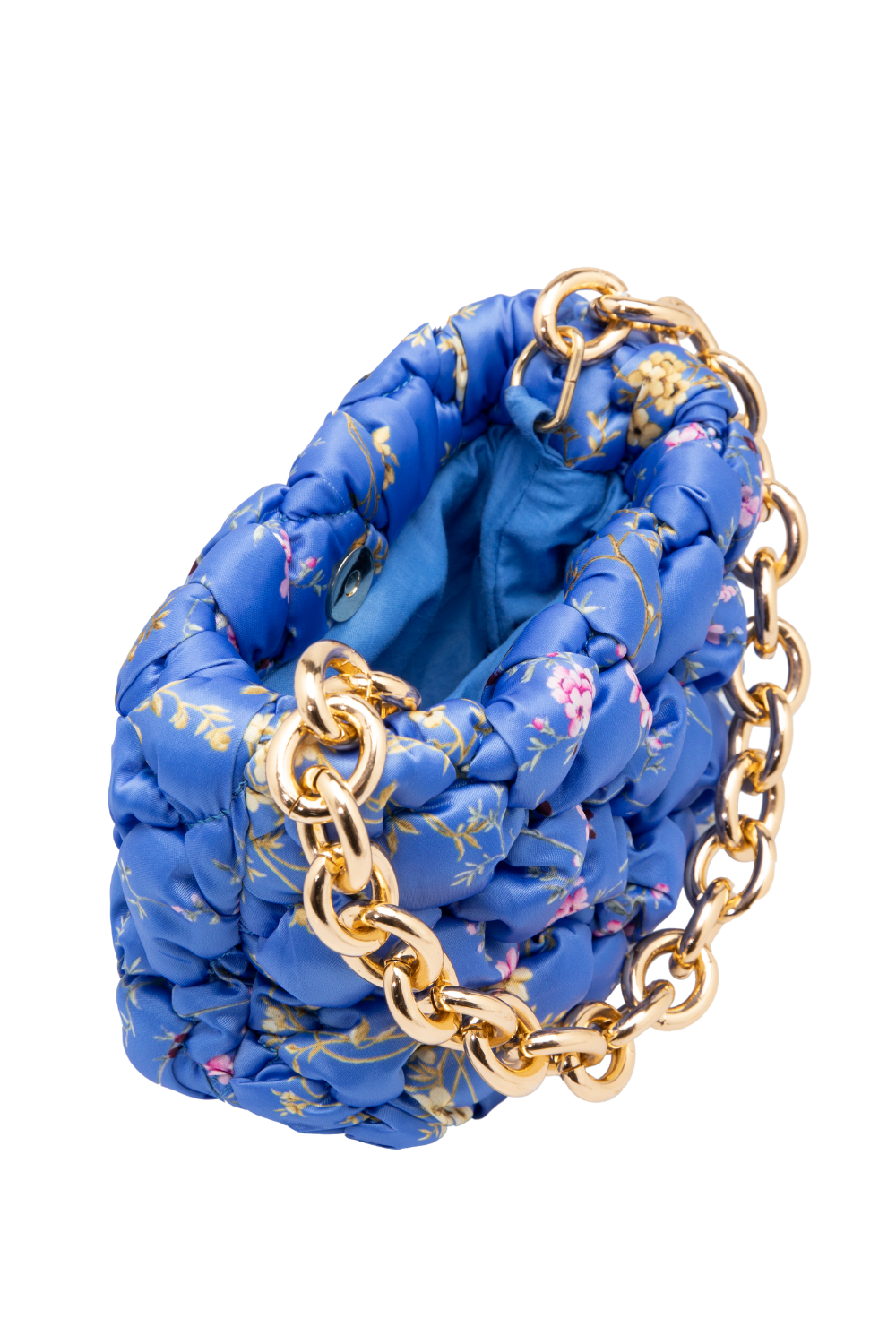 Blue Ruched Floral Mini Bag with Gold Chain
