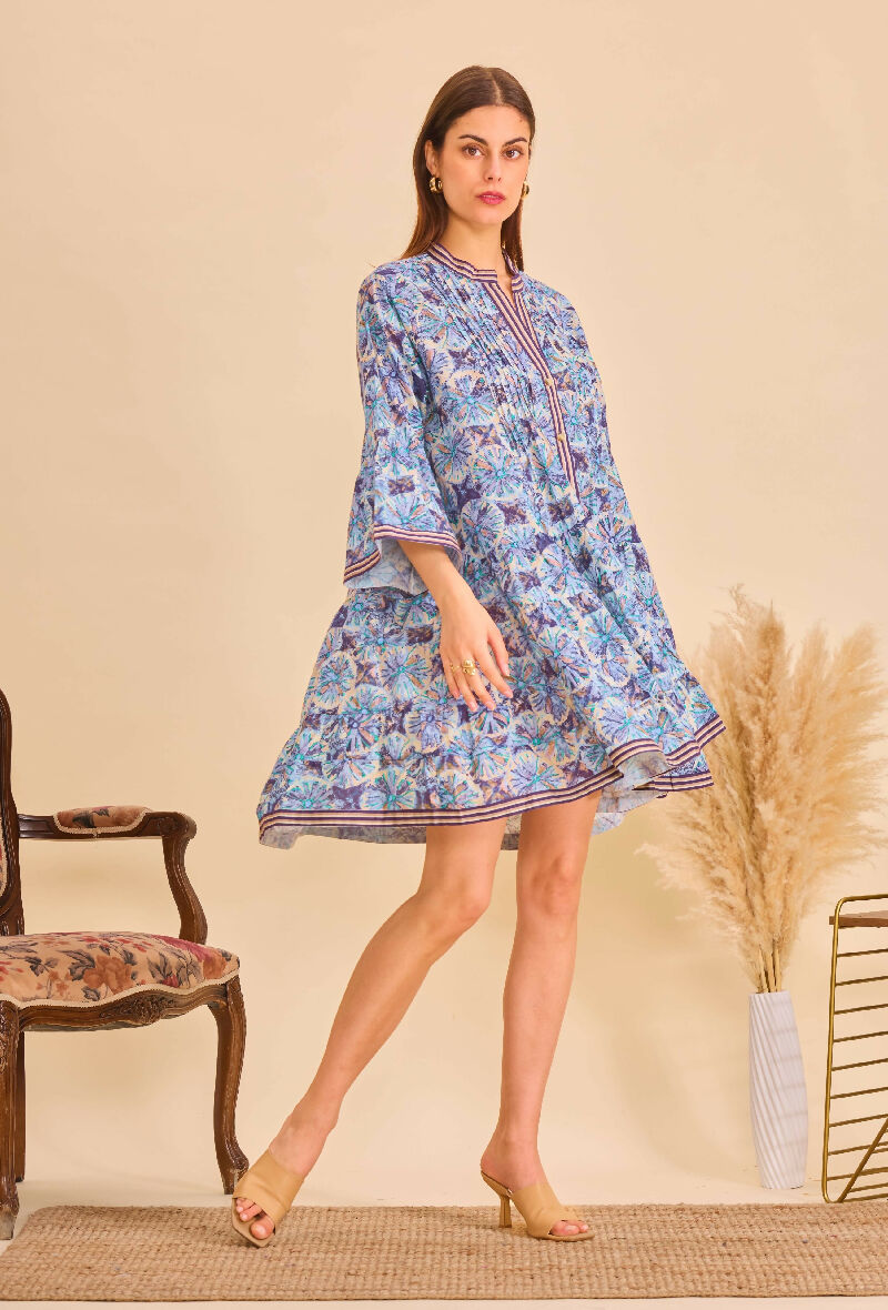 Short A-line dress in printed cotton- Blue