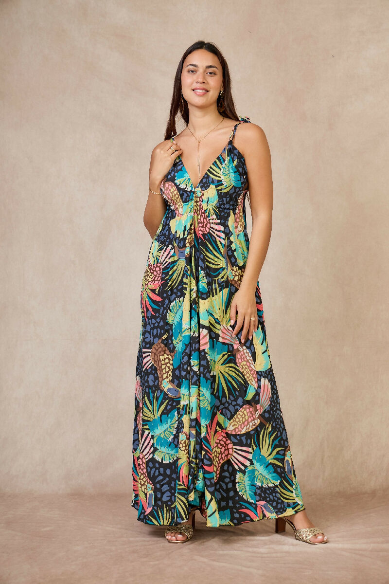 Long bohemian silk backless dress - Bleu